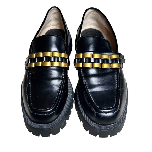 Zara Black Leather Lug Sole Loafers Platform Gold Detail 38 US 7.5 - Picture 1 of 7